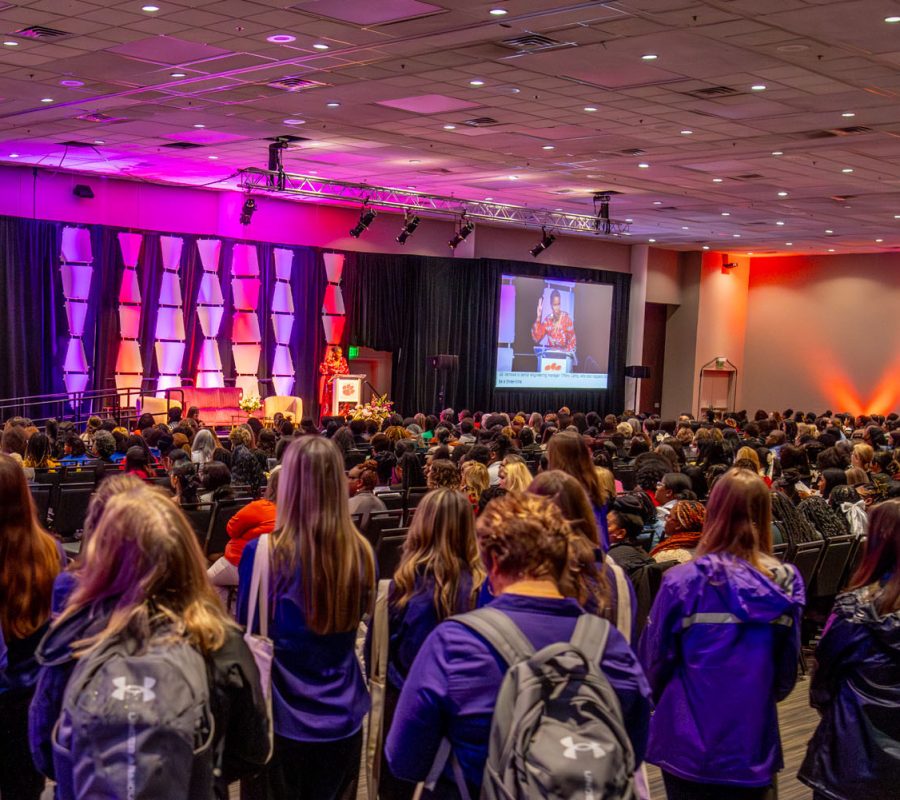 Some 575 young women from all over the country gathered at the Greenville Convention Center for the fourth annual Clemson Universtiy Women's Roundtable event, "Pathways to Thriving," Nov. 14, 2024.  Participants were treated to rousing keynote presentations by chef, author and ambassador Aarti Sequeira, and national education leader Cynthia M.A. Butler-McIntyre as well as panel discusstions and breakout fellowship sessions.(Photo by Ken Scar)